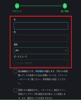 ボンズカジノ必要情報入力2