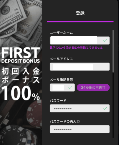 ワンダーカジノ登録画面